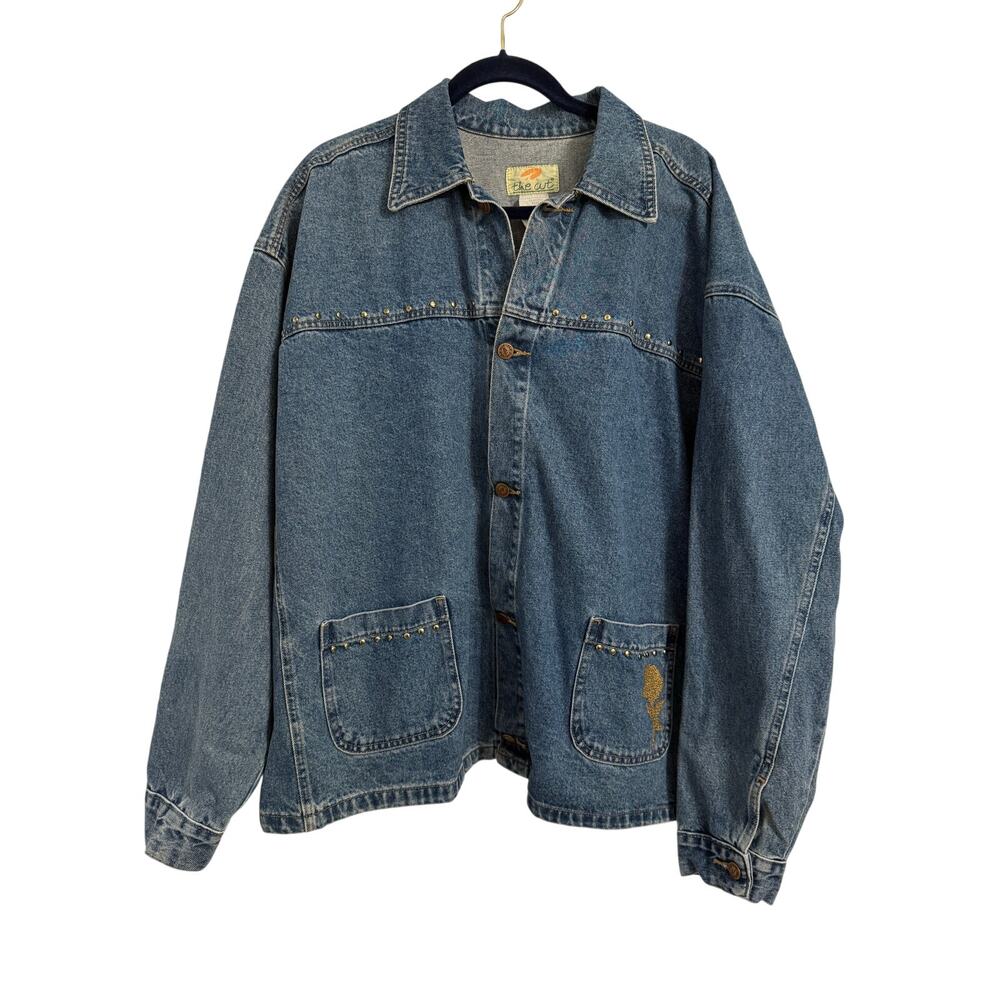 Womens Plus 3X Studded Floral Glitter Distressed‎ Denim Button Trucker Jacket